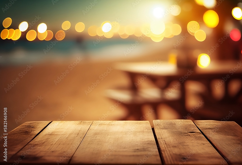 Beachside Table. A Serene Backdrop of Sea, Sky, and Sunlight on blur background Beachside Table. A Serene Backdrop of Sea, Sky, and Sunlight on blur background