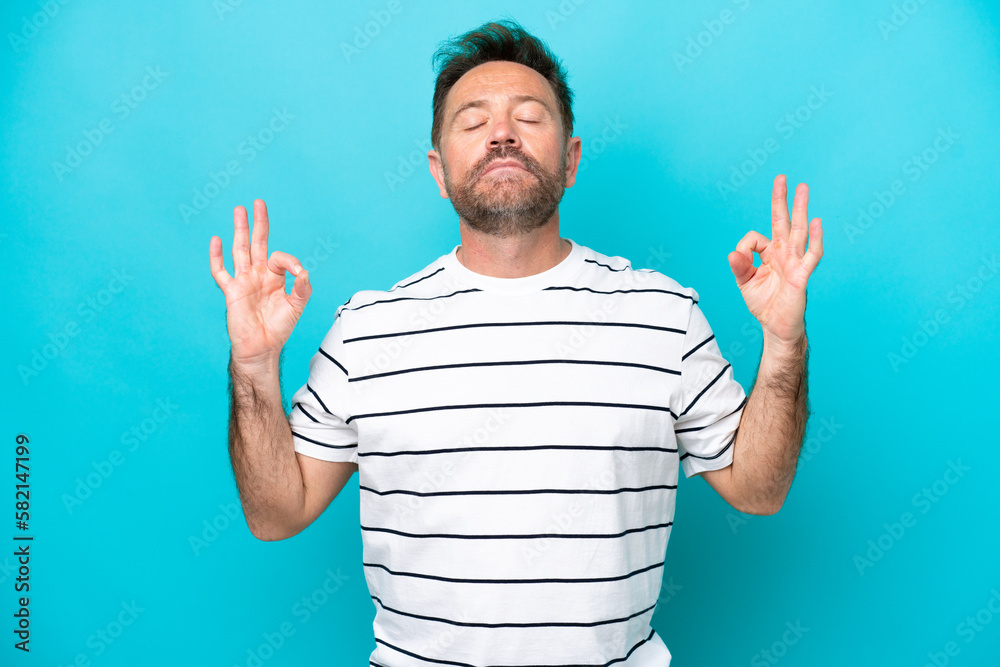 Middle age caucasian man isolated on blue background in zen pose Middle age caucasian man isolated on blue background in zen pose