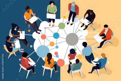 A digital graphic of a group of diverse students learning together
