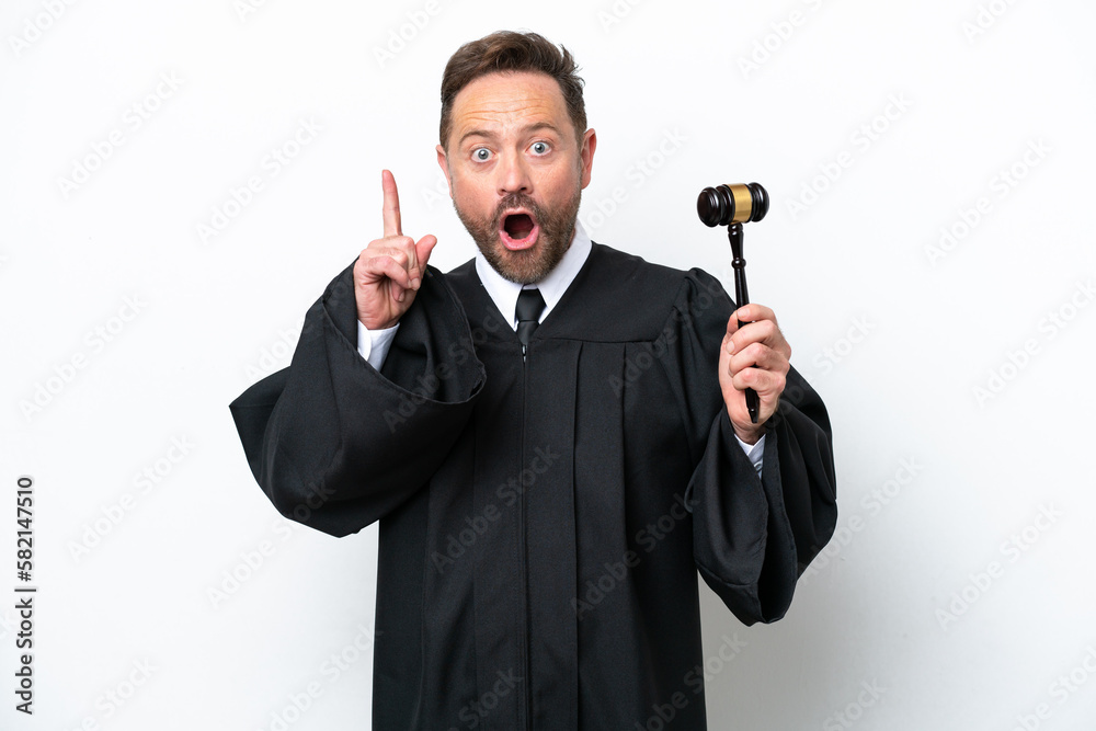 Middle age judge man isolated on white background thinking an idea pointing the finger up Middle age judge man isolated on white background thinking an idea pointing the finger up