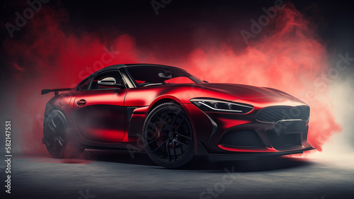 luxury red sport car wallpaper on smoke background Generative AI © adel