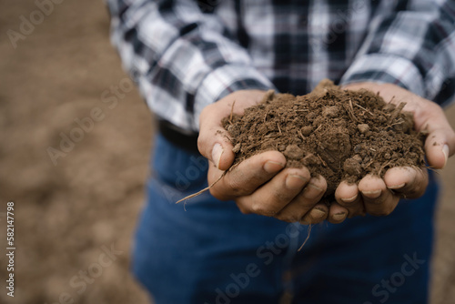 Farmers' expert hands check soil health before planting vegetable seeds or seedlings. Business idea or ecology.