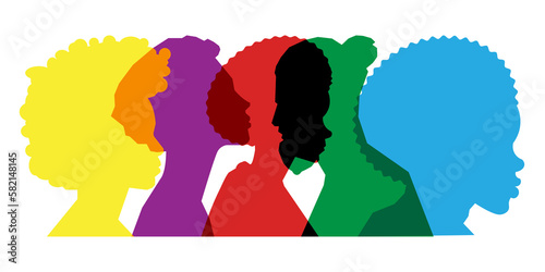Colored silhouette people, Multiple exposure, Concept on diversity and teamwork