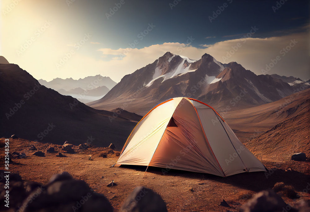 Camping on the mountains with a tent, concept of hiking and travel in nature, generative ai.