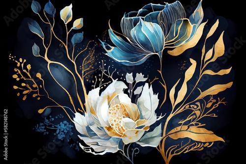 Watercolor Illustration of a A Wallpaper Botanical Flowers With One Big Flower For Whole Artwork Flowing Alcohol Ink Style Bioluminescence Navy Blue Background, White, Gold. Generative AI