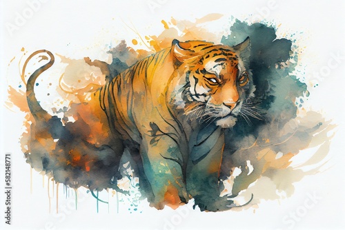 Watercolor Illustration of a A Tiger From A Fantasy World With Glowing Orange Eyes Illustration. Generative AI © Pixel Matrix
