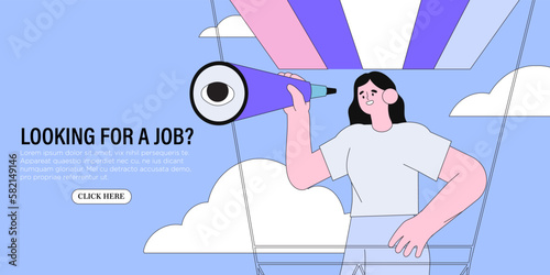 Woman flying on air ballon and look in spyglass search job or career opportunity. Personal growth or choice. Searching process banner, ad, landing page or poster for web, startup or courses.