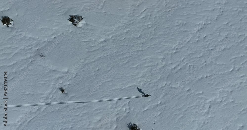 Cinematic downhill freeride skiing of two professional ski mountain guides in fresh deep snow with amazing mountain landscape. Freeride athletes showing off piste ski turns with awesome panorama view Cinematic downhill freeride skiing of two professional ski mountain guides in fresh deep snow with amazing mountain landscape. Freeride athletes showing off piste ski turns with awesome panorama view