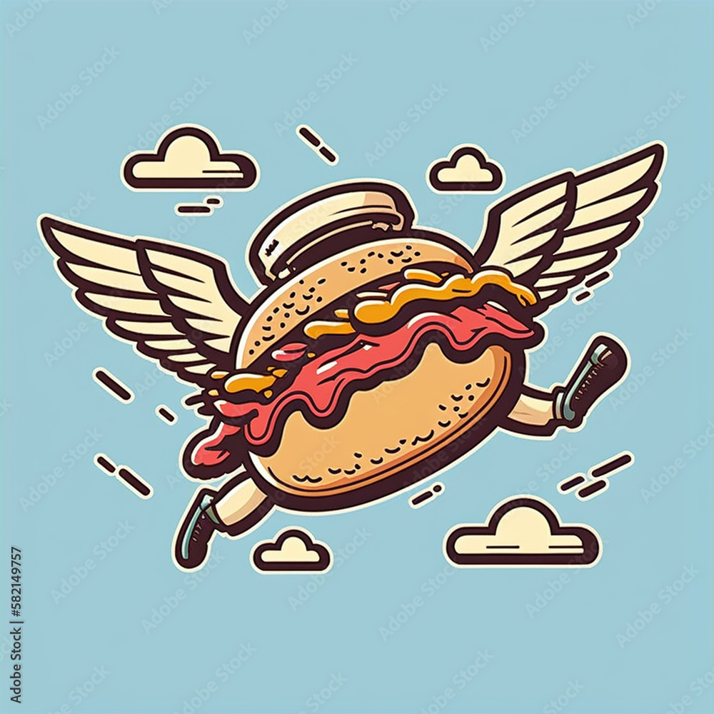 Cute flying burger with white wings, premium vector illustration, simple, smooth, flat cartoon design. Suitable for business design, banners, cards, advertising, Generative AI