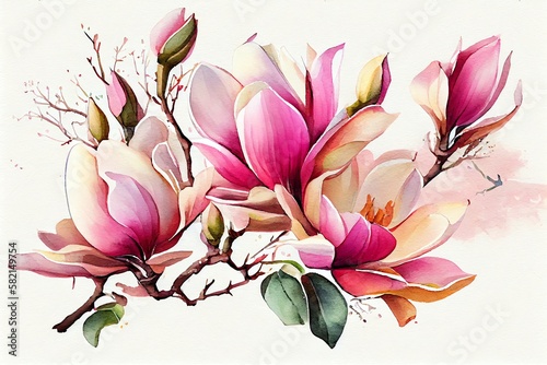 Watercolor Illustration of a Beautiful Pink Magnolia Flowers In The Spring  Art Illustration. Generative AI