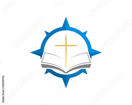 Open book and christian cross inside the compass logo