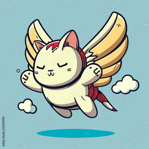 Cute flying cat wearing white wings, premium vector illustration, simple, smooth, flat cartoon design, Generative AI