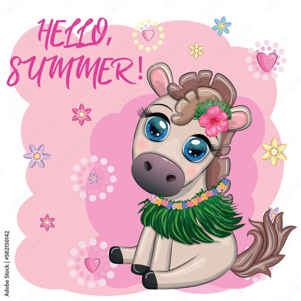 Nice horse, pony in flower wreath, hat, guitar, hula dancer from Hawaii. Summer card for the festival, travel banner Nice horse, pony in flower wreath, hat, guitar, hula dancer from Hawaii. Summer card for the festival, travel banner