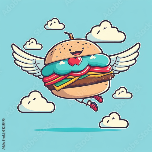Cute flying burger with white wings, premium vector illustration, simple, smooth, flat cartoon design. Suitable for business design, banners, cards, advertising, Generative AI