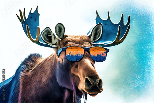 watercolor-illustration-of-a-close-up-of-a-bull-moose-cute-male-bull-moose-with-antlers-looking-cool-wearing-bright-tinted-sunglasses-in-a-northern-winter-environment-image-generative-ai