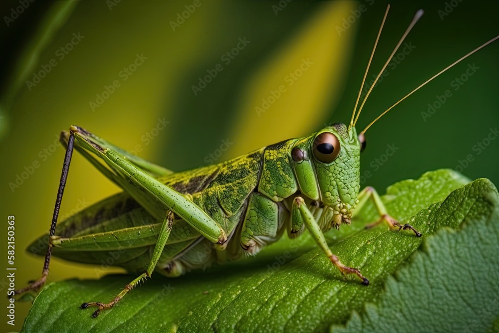 A striking close-up of a green grasshopper perched on a leaf, capturing its intricate details and textures. Generated by AI A striking close-up of a green grasshopper perched on a leaf, capturing its intricate details and textures. Generated by AI