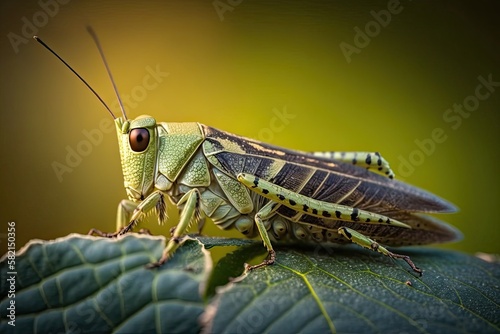 A striking close-up of a green grasshopper perched on a leaf, capturing its intricate details and textures. Generated by AI © Anastasia