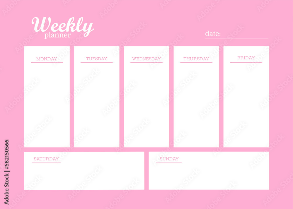 Template of personal plans for the week, weekly planner Trendy pastel pink cute colors. Template of personal plans for the week, weekly planner Trendy pastel pink cute colors.