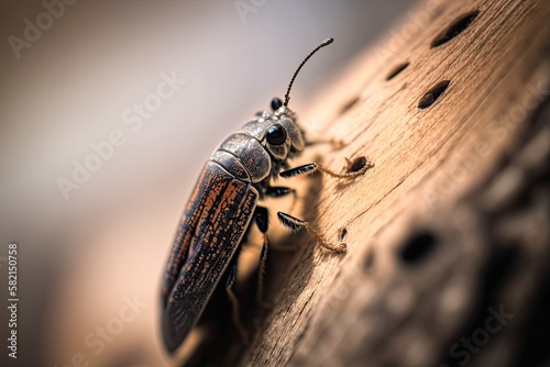 Close-up shot of an insect on the bark of a tree. Generated by AI.