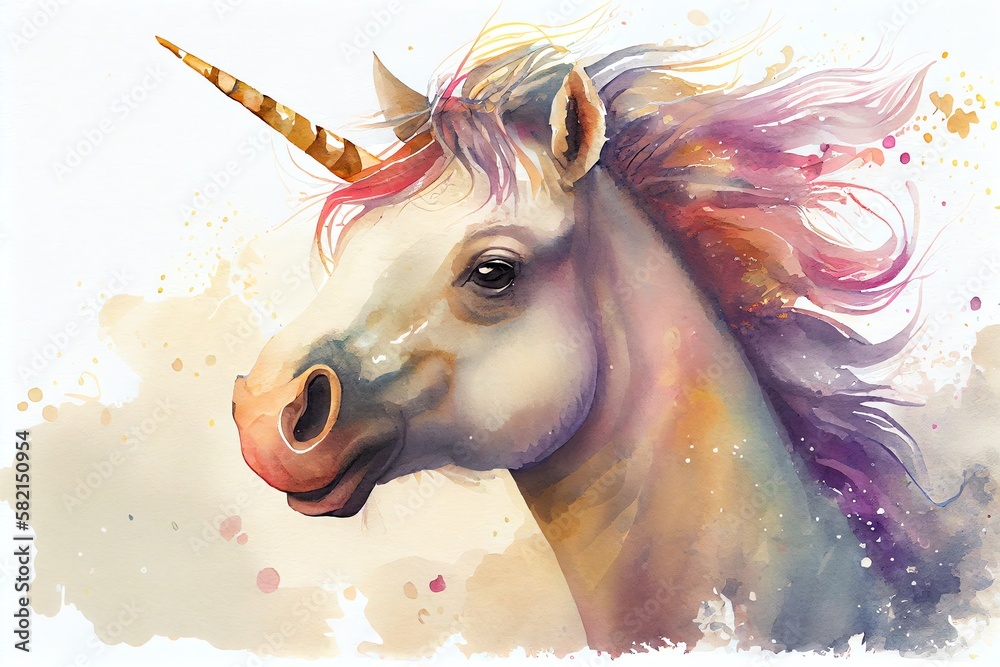 Watercolor Illustration of a Cute Sweet Rainbow Baby Unicorn Horse, Smiling, Kids Pastel Color Fantasy Magic Background, Golden Horn, Illustration Digital Design Art Style. Generative AI