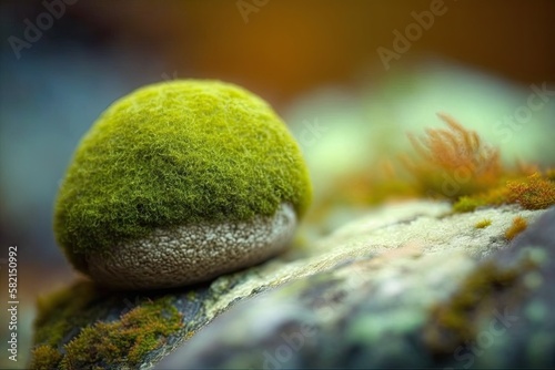 A beautiful close-up shot of green moss growing on a stone. Generated by AI