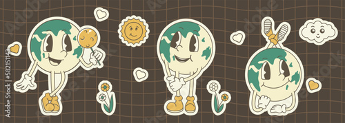 Retro earth cartoon character. Earth Day. Save planet conception. World Environment Day. Trendy groovy 70s style illustration.
