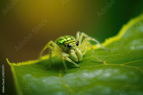 Close-up shot of a cute spider sitting on a leaf. Generated by AI.