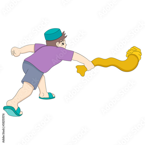 Islamic boy is playing throwing gloves happily