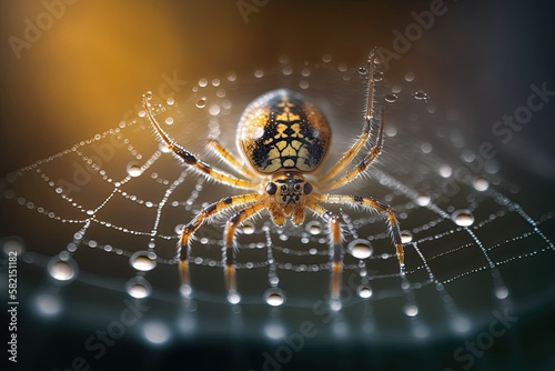 Macro shot of a spider on its web with water droplets. Generated by AI.