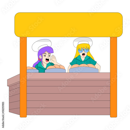 girls are selling cakes at a roadside booth