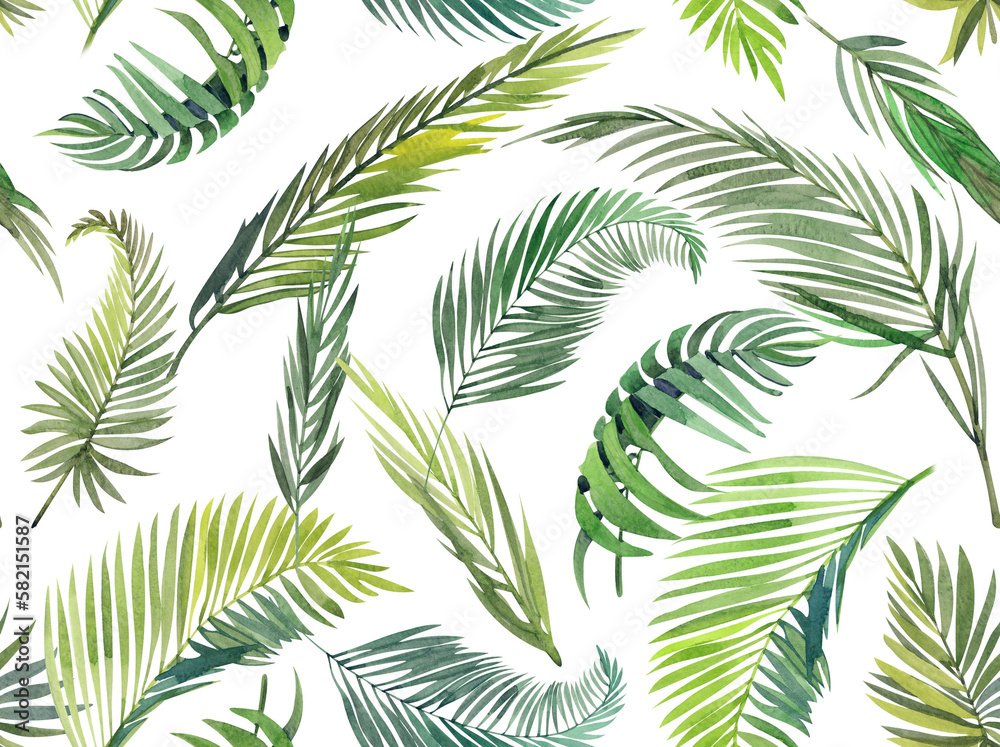 Watercolor dynamic seamless pattern of palm leaves and branches. Green isolated elements on a white background. Exotic print for stationery, fabric and publications