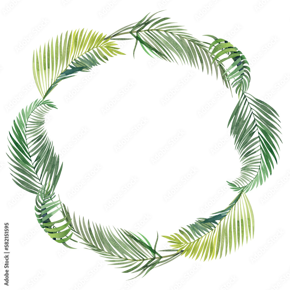 round watercolor frame, wreath of palm branches and leaves, isolated elements on white background. For publications and prints. Palm Sunday