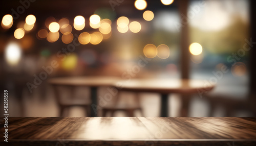 Empty wooden table top product display showcase stage. Restaurant background, bokeh ligh effect. Generative AI