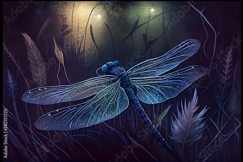 Watercolor Illustration of a Glowing Blue Dragonfly Sits On The Grass In The Night Forest. Generative AI