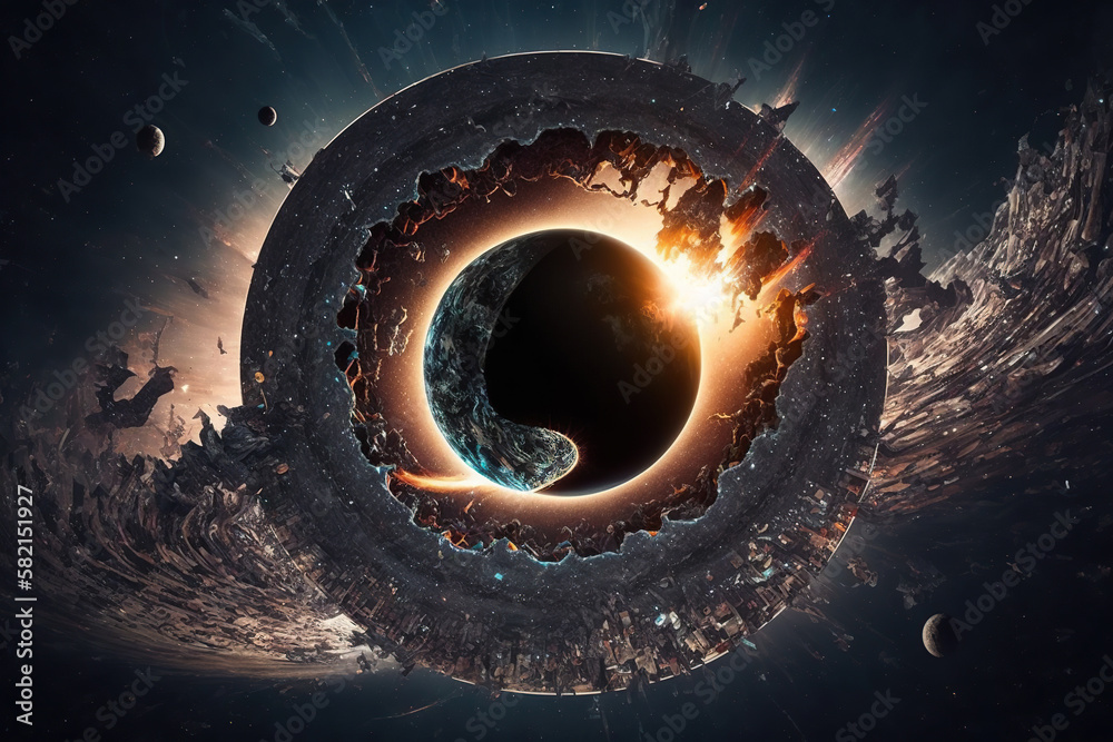 Black hole in a galaxy with planets with nebula over colorful stars and ...