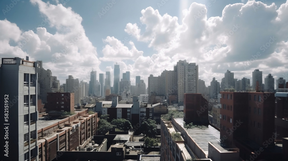 Obraz premium city_over_a_sunny_terrace_of_tall_buildings_blue_skies_Generated with Midjourney AI