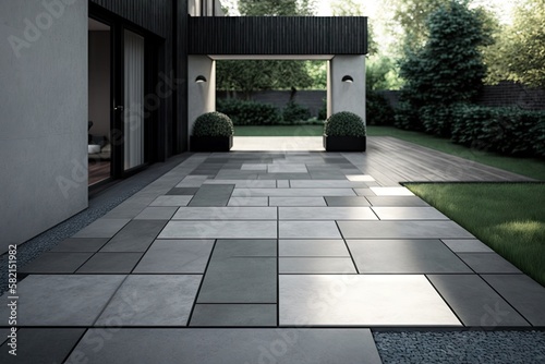 modern patio deck made of concrete slabs in grey tones, created with generative ai
