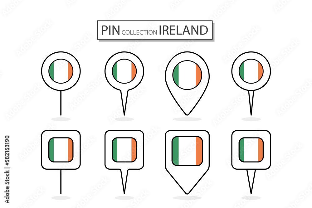 Set of flat pin Ireland flag icon in diverse shapes flat pin icon Illustration Design. Set of flat pin Ireland flag icon in diverse shapes flat pin icon Illustration Design.
