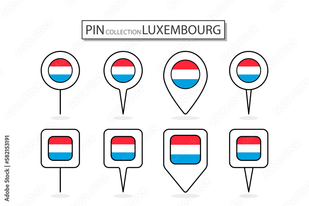Set of flat pin Luxembourg flag  icon in diverse shapes flat pin icon Illustration Design.