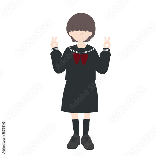 セーラー服のショートカットの女の子ダブルピース線なし塗り