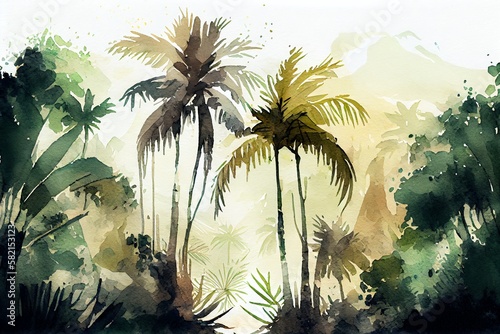 Watercolor Illustration of a Palm Trees In A Jungle Forest, Landscape. Generative AI © Pixel Matrix