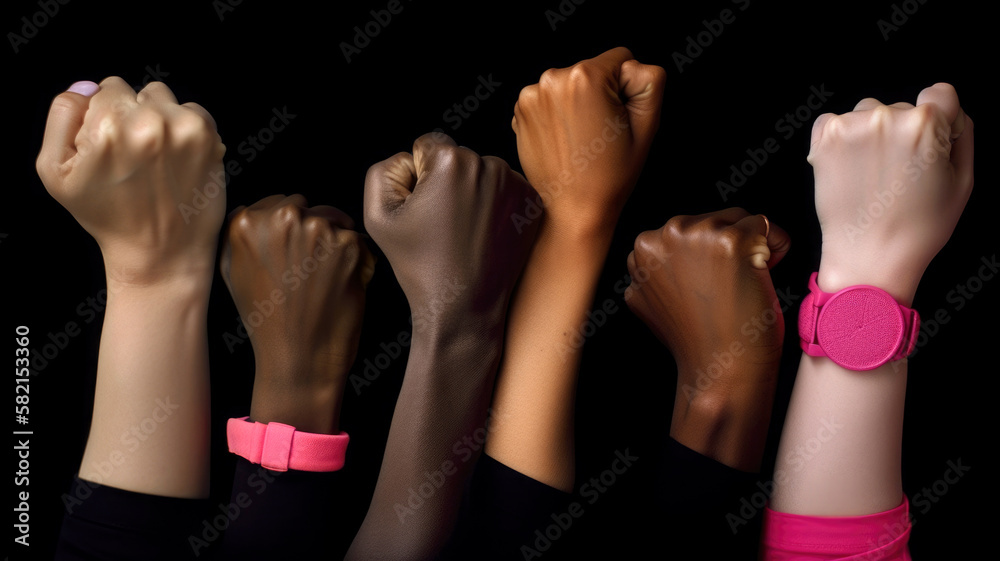 Close up, raised fists of diverse women. Feminism, equality protest and women liberation concept. Illustration, Generative AI