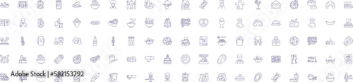 Restaurant food line icons signs set. Design collection of Cuisine, Meal, Dining, Delicacy, Gastronomy, Pizza, Sushi, Noodles outline concept vector illustrations