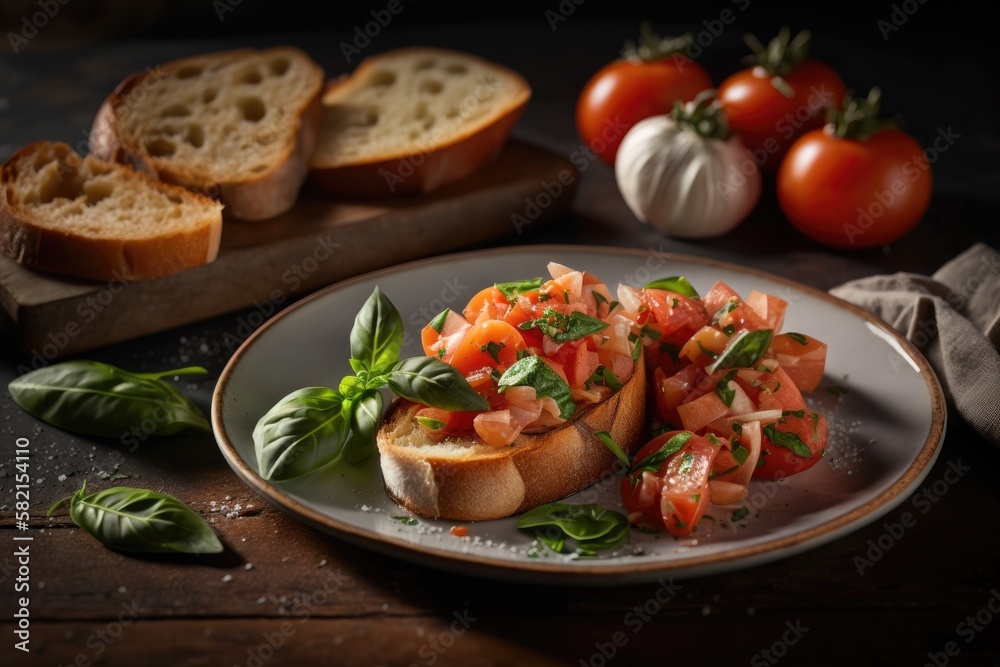 bruschetta with tomato and basil - Illustration created with generative ai