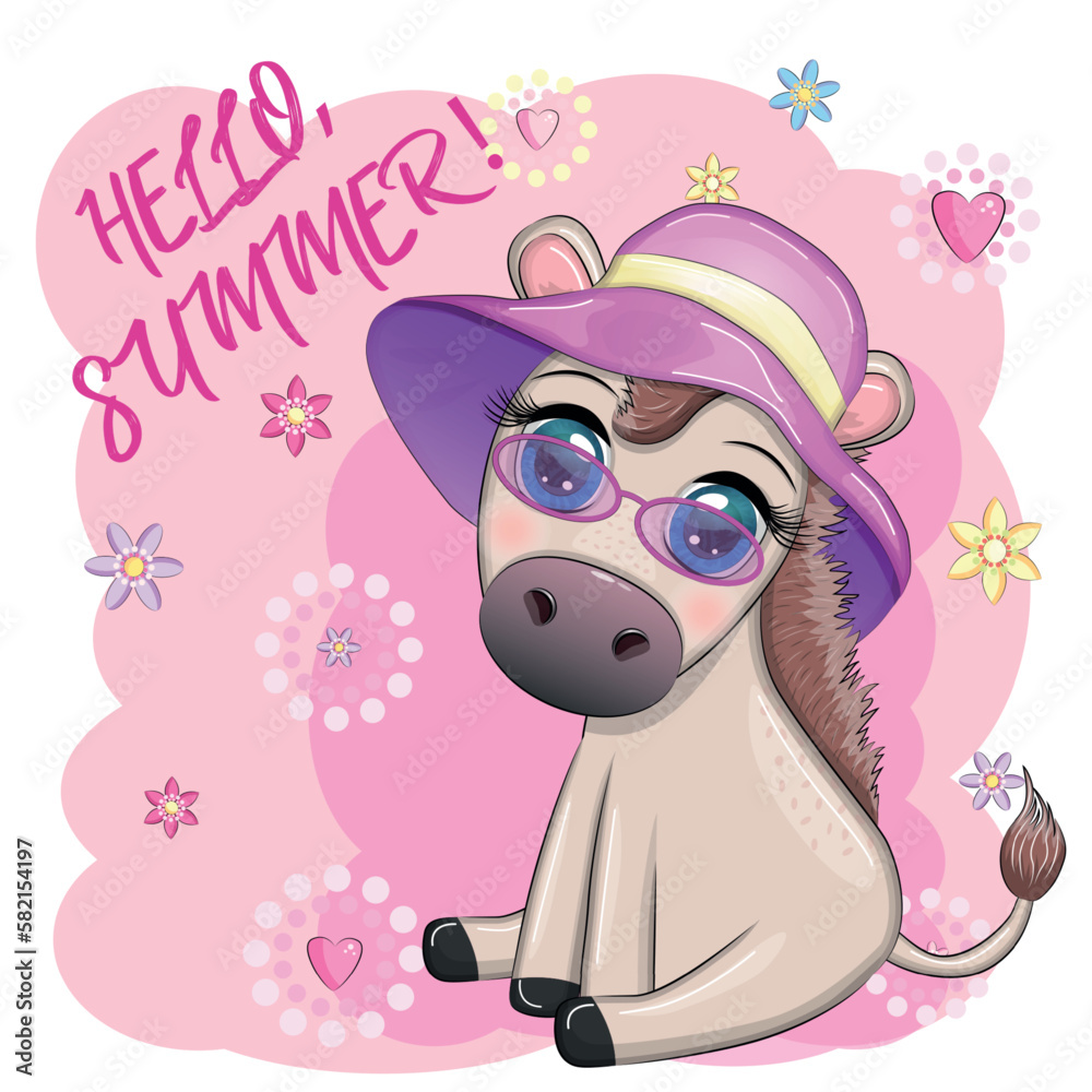 A cute donkey in a flower wreath with a guitar, a hula dancer from Hawaii. Summer card for the festival, travel banner A cute donkey in a flower wreath with a guitar, a hula dancer from Hawaii. Summer card for the festival, travel banner