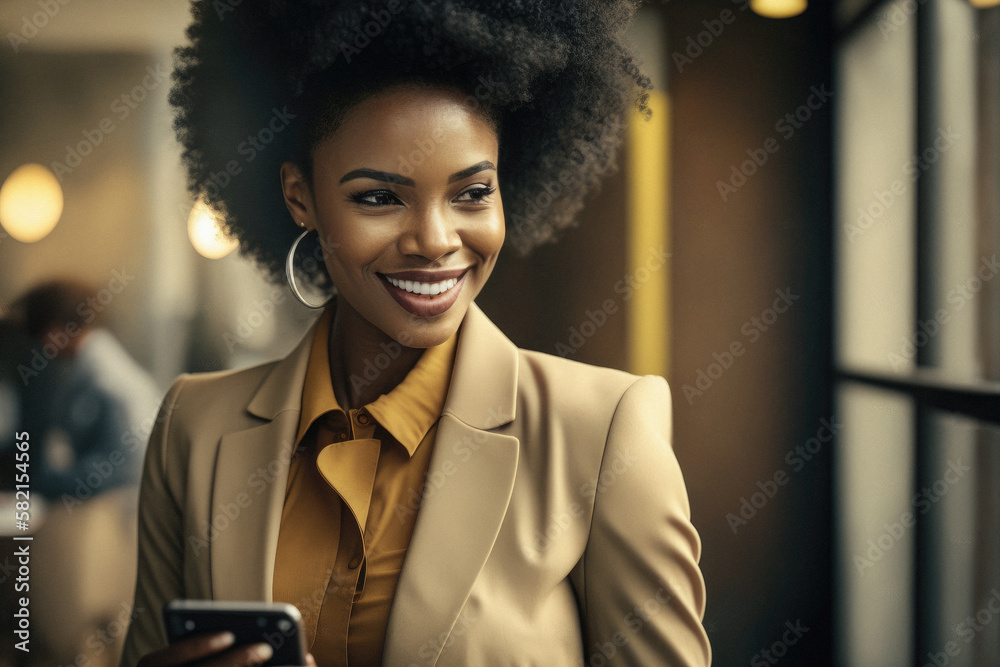© Oier - Portrait of black confident african american afro haired business woman smiling, holding an smart phone and looking left. Empowered concept. Generative AI.