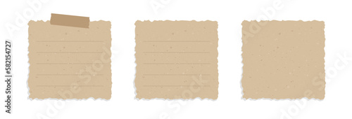 Square vintage brown torn paper illustration set. Recycled memo note paper with adhesive tape.