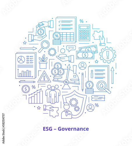 ESG Governance concepts, icons set. Icons placed in a circle. Gradient. Vector illustration isolated on a white background