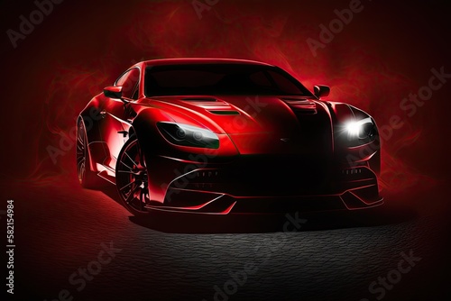 Modern red sports car in a spotlight. Generative AI