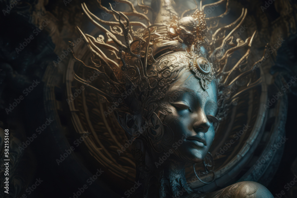 Abstract image of a woman with spiritual ornate headdress in a gothic like background. Generative Ai.